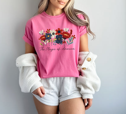 America the Magic of America USA Flag flower Garment Dyed T Shirt