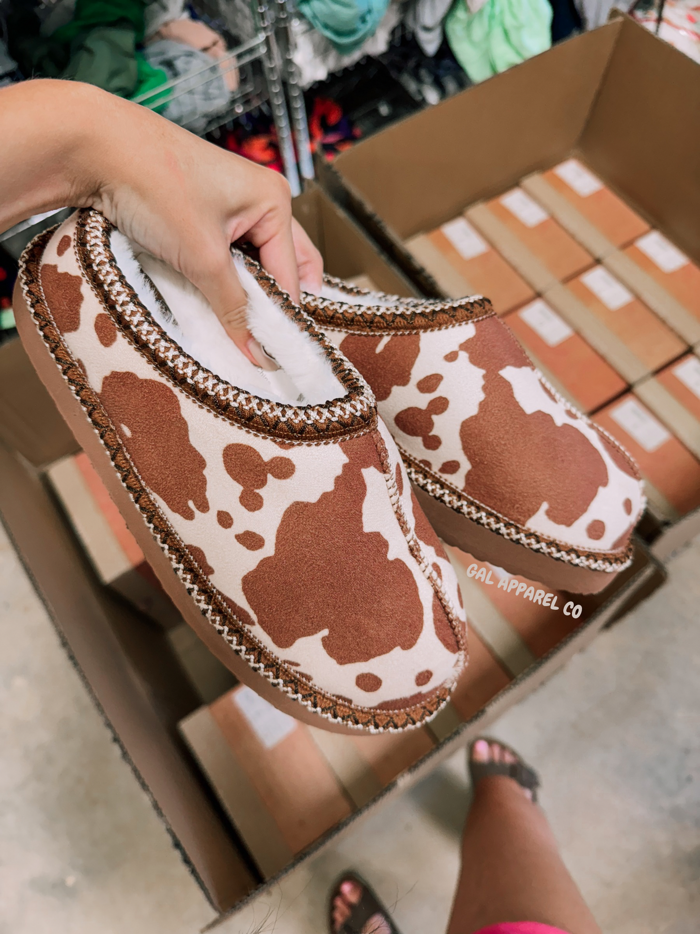 Cow print bruin slippers