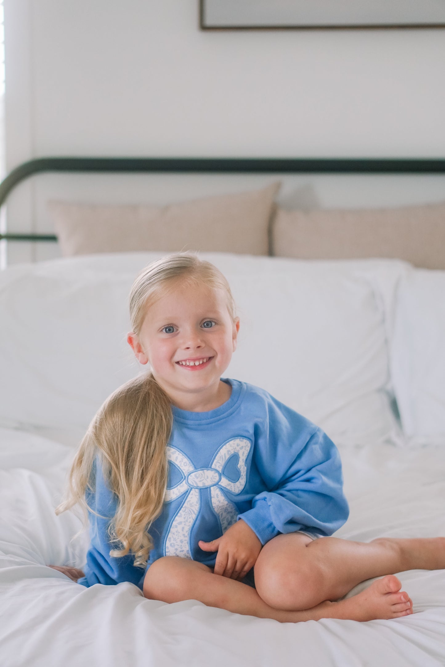 Blue Toile Applique Bow Sweatshirt Romper or Crewneck