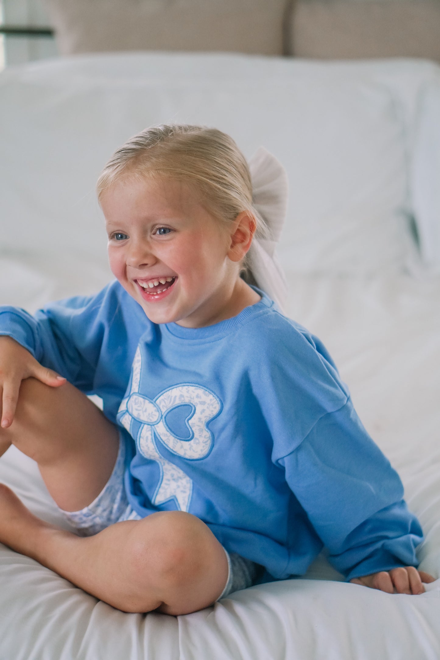 Blue Toile Applique Bow Sweatshirt Romper or Crewneck