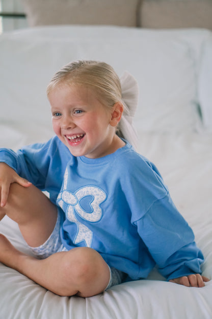 Blue Toile Applique Bow Sweatshirt Romper or Crewneck