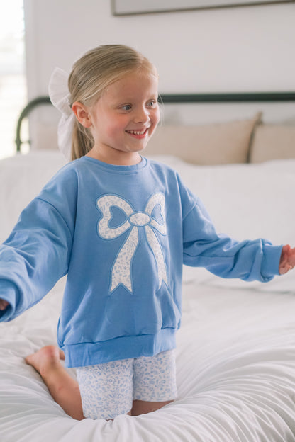 Blue Toile Applique Bow Sweatshirt Romper or Crewneck