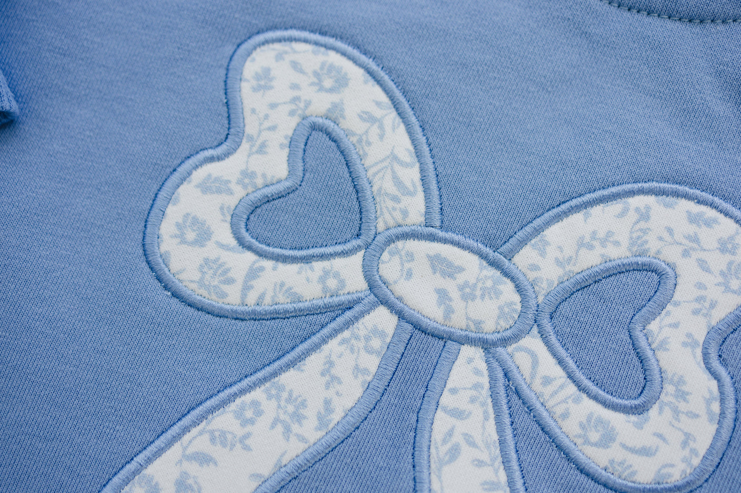 Blue Toile Applique Bow Sweatshirt Romper or Crewneck