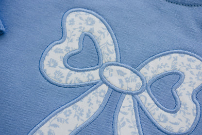 Blue Toile Applique Bow Sweatshirt Romper or Crewneck