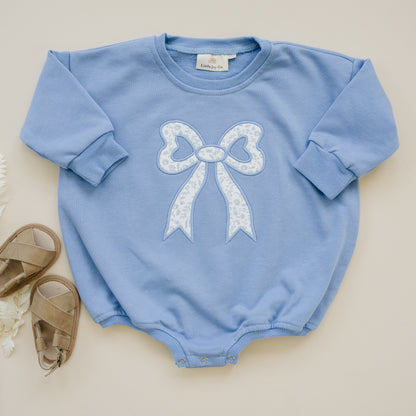 Blue Toile Applique Bow Sweatshirt Romper or Crewneck