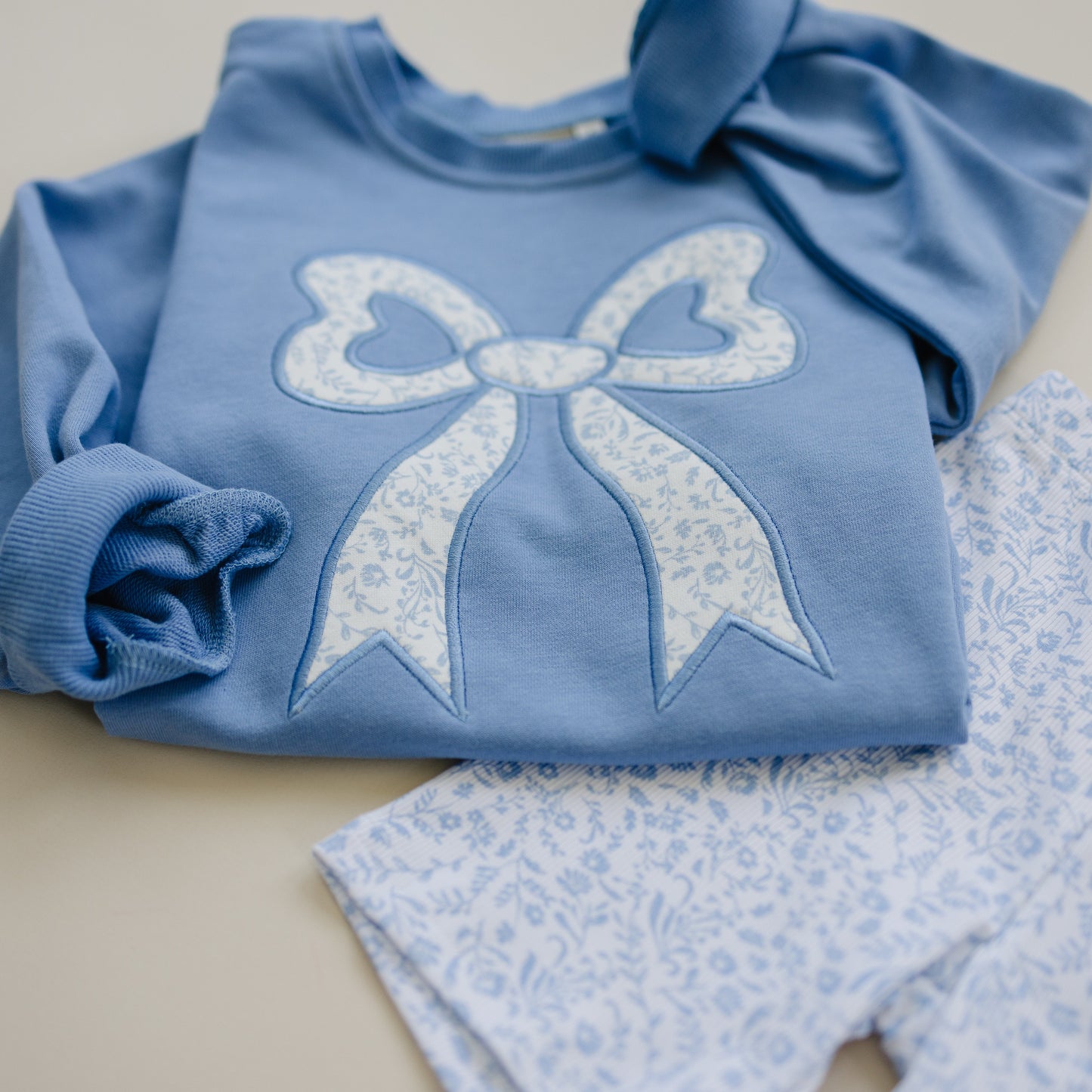 Blue Toile Applique Bow Sweatshirt Romper or Crewneck