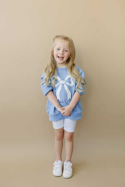 Blue Toile Applique Bow Sweatshirt Romper or Crewneck