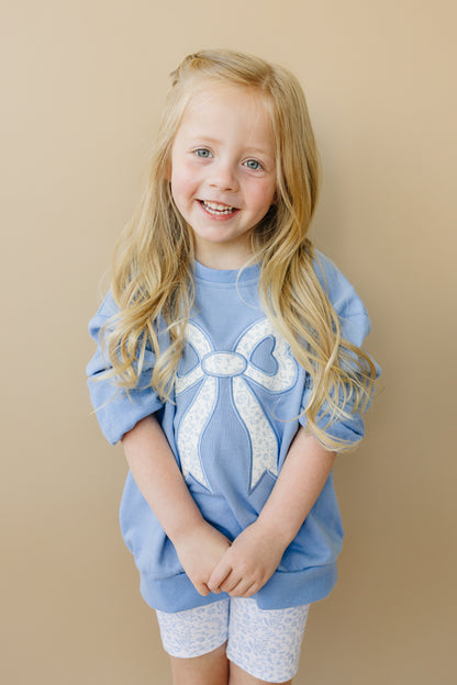 Blue Toile Applique Bow Sweatshirt Romper or Crewneck