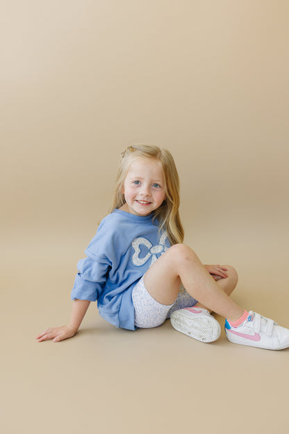 Blue Toile Applique Bow Sweatshirt Romper or Crewneck