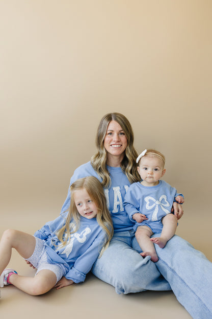 Blue Toile Applique Bow Sweatshirt Romper or Crewneck