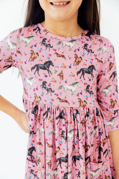Petals & Ponies 3/4 Sleeve Pocket Twirl Dress