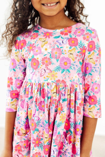 Fluttering Garden 3/4 Sleeve Pocket Twirl Dress